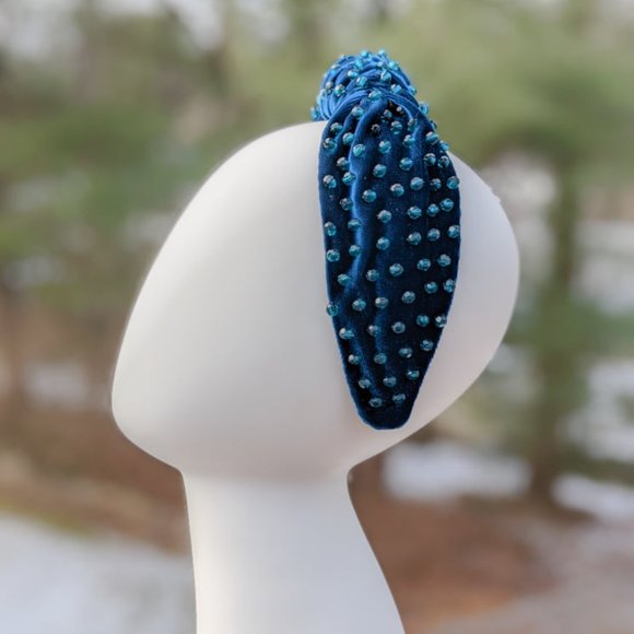 Deep Teal Beaded Knot Velvet Headband Teal Faceted Beads Handmade Knotted Winter